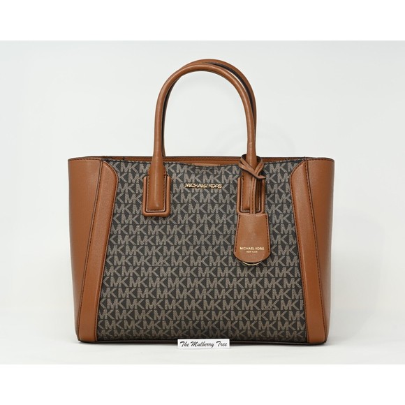 MICHAEL KORS KALI Medium Satchel w iPad Case Brwn Gold Signature Canvas NWT $678 - Picture 2 of 16